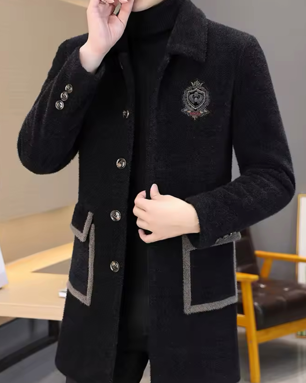 Luxury Velvet Woolen Long Coat Jacket Black