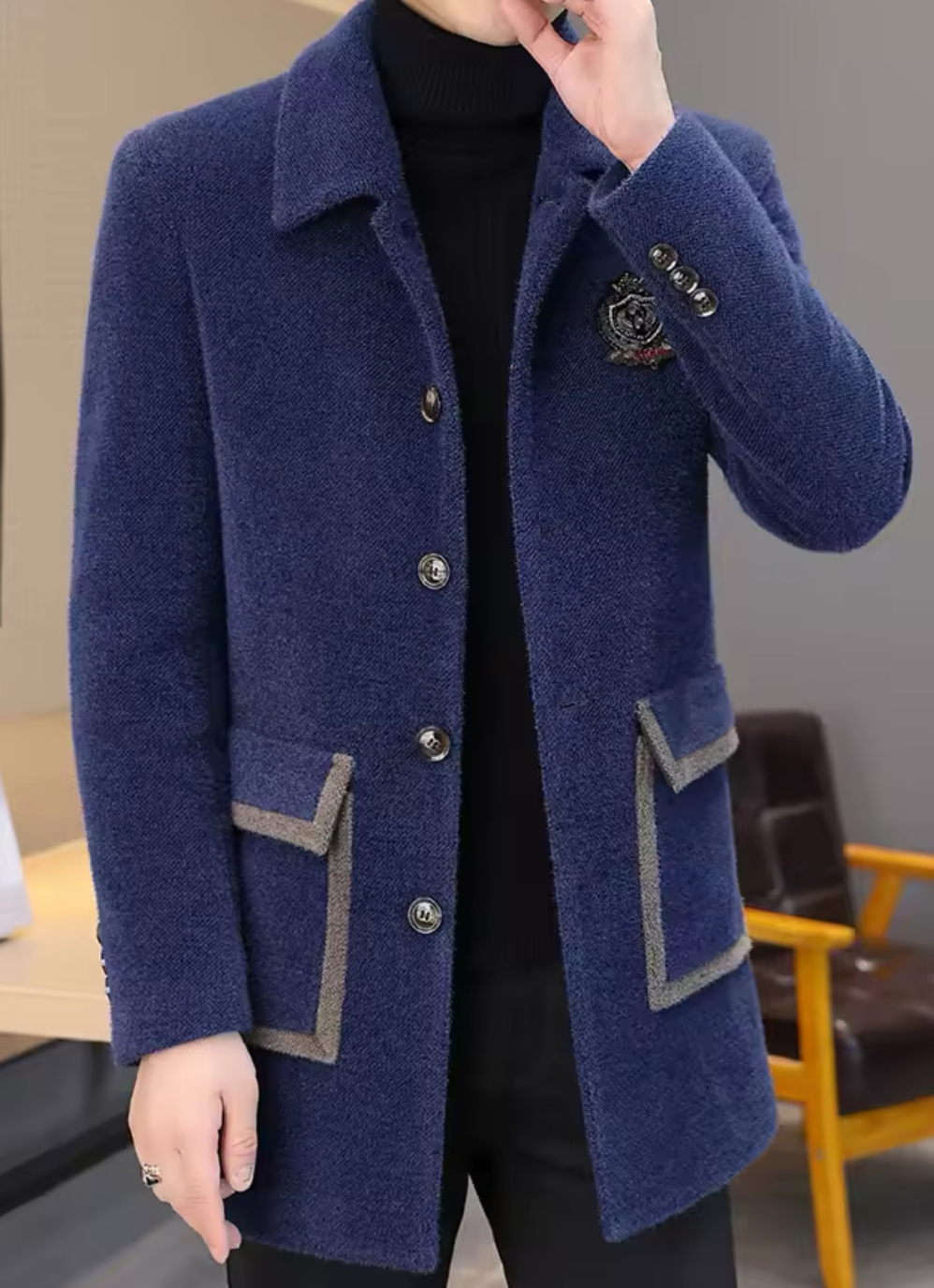 Luxury Velvet Woolen Long Coat Jacket Blue