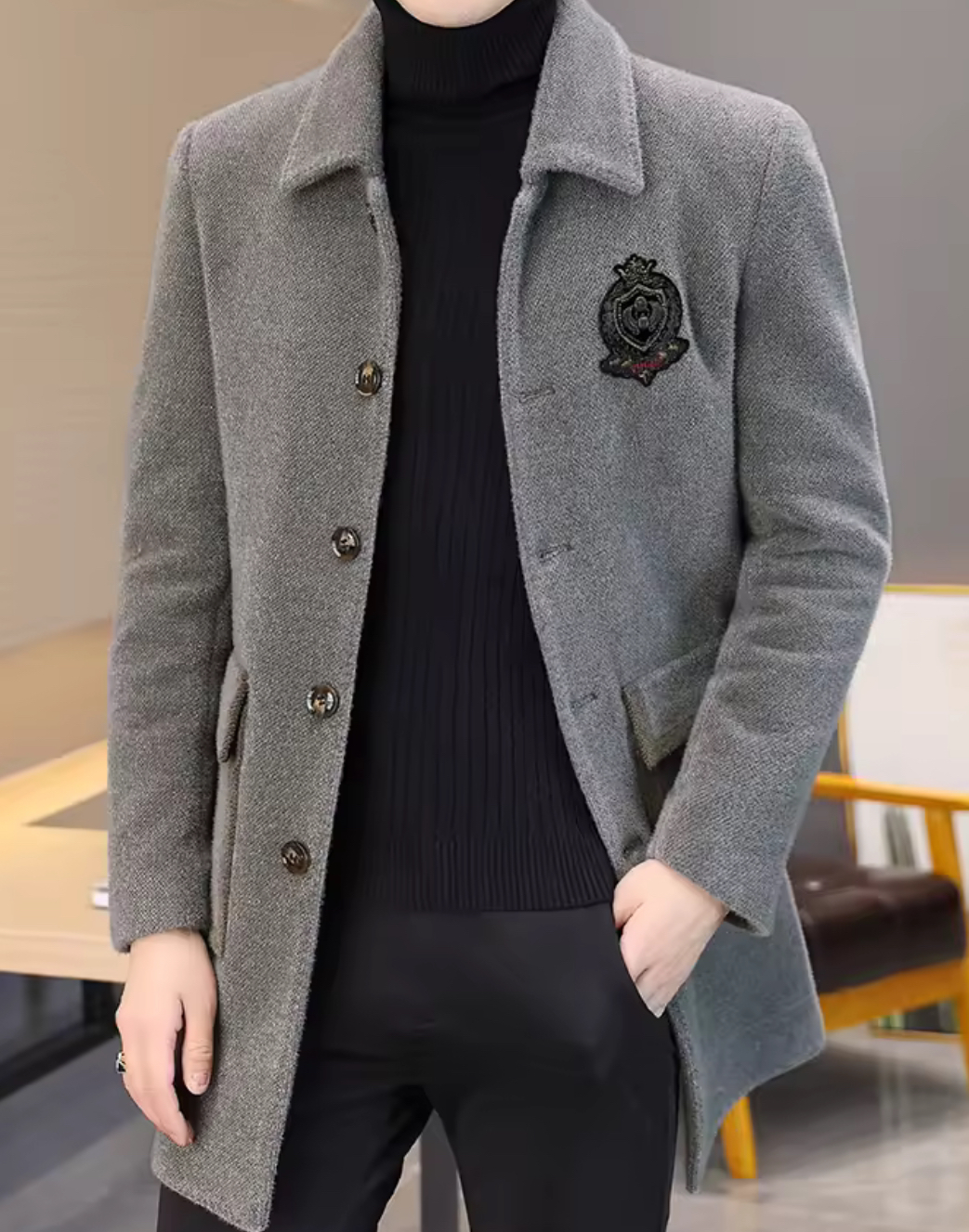 Luxury Velvet Woolen Long Coat Jacket Gray