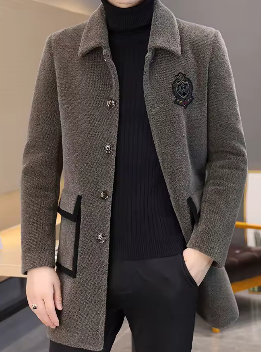 Luxury Velvet Woolen Long Coat Jacket Khaki