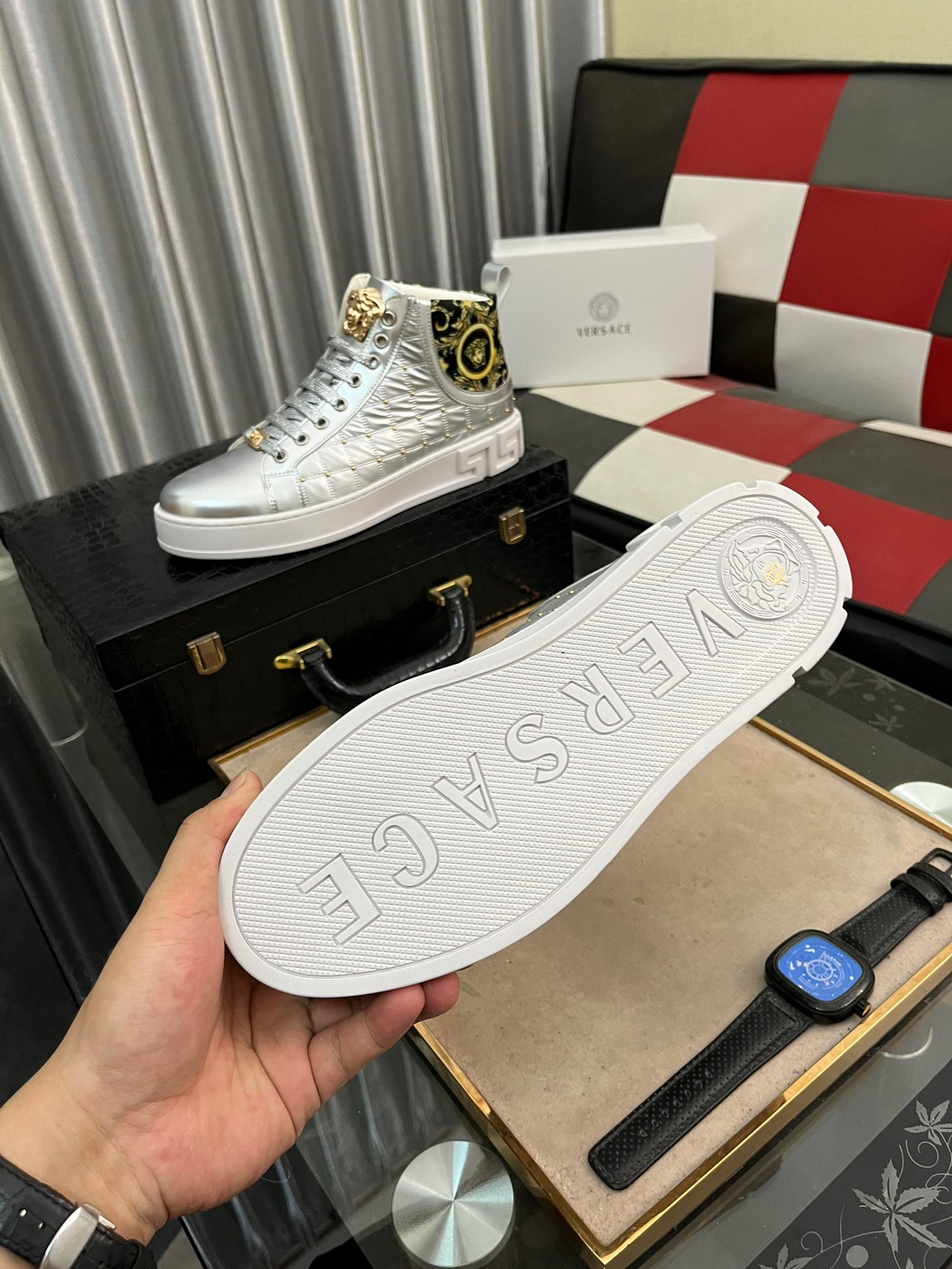 Luxury VERSACE Design HighTop Sneakers - Silver