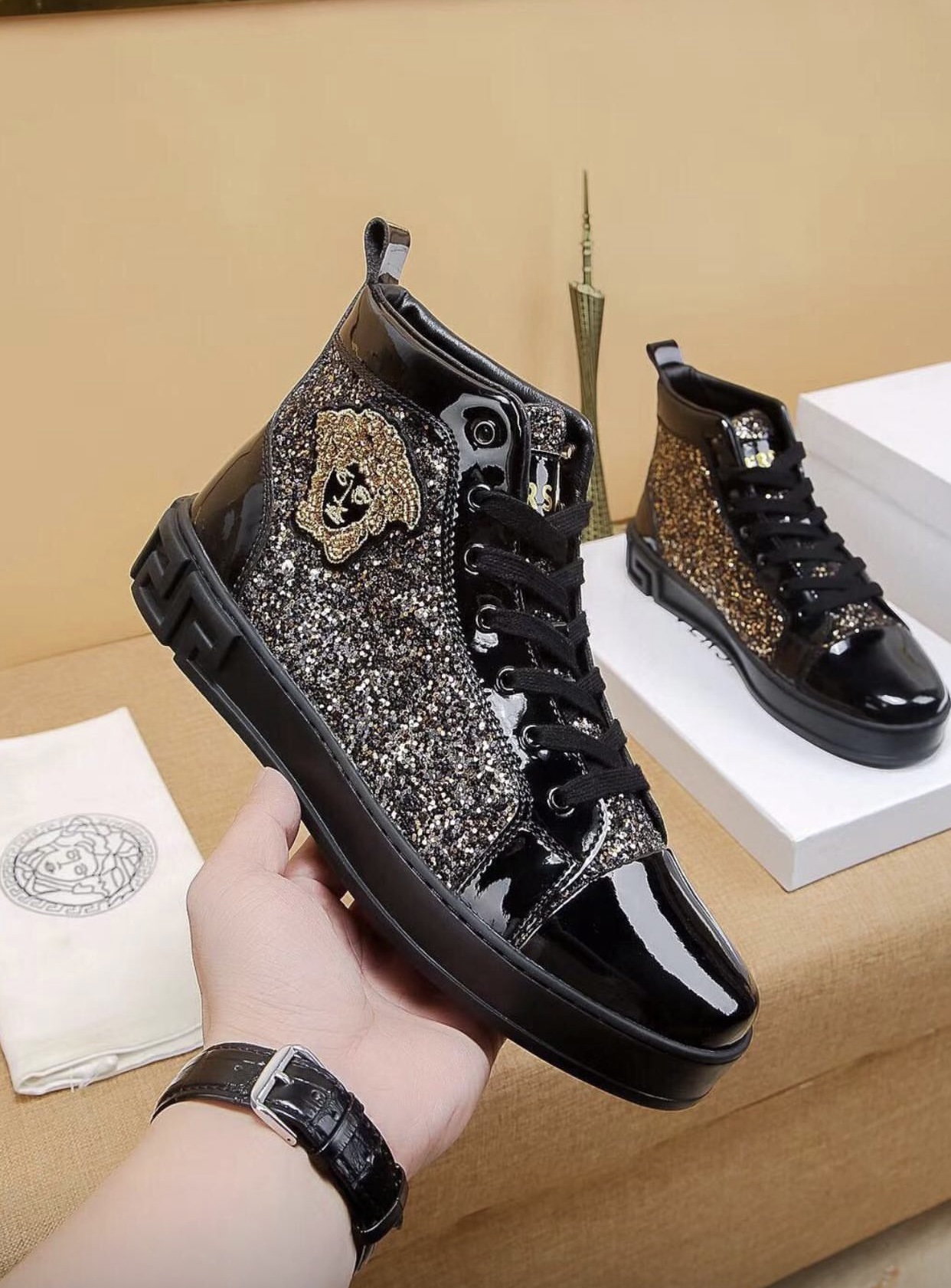 Luxury VERSACE HighTop Sneakers - Black